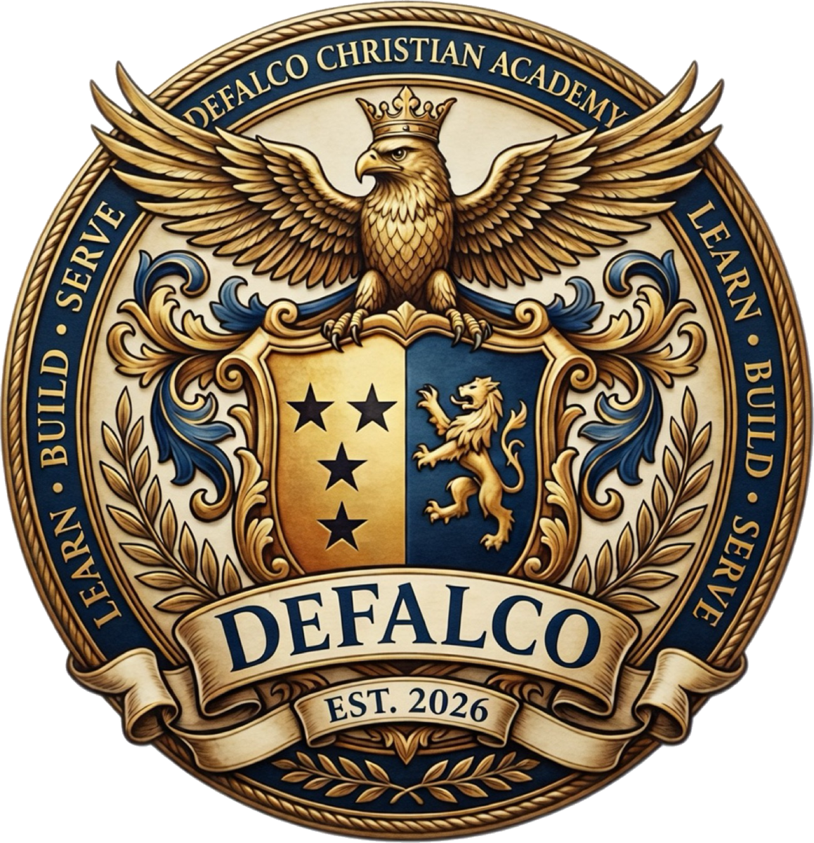 DeFalco Christian Academy badge: an eagle over a shield with three stars and a lion, ringed by the words Learn, Build, Serve, established 2026